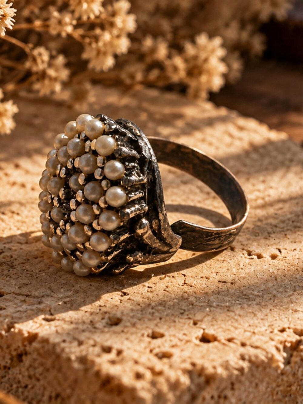 Vintage Style Faux Pearl Cluster Dome Statement Ring | Adjustable
